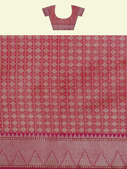 Faishana Presents Orange Woven Organza Pink Border With Pink Blouse Banarasi Saree