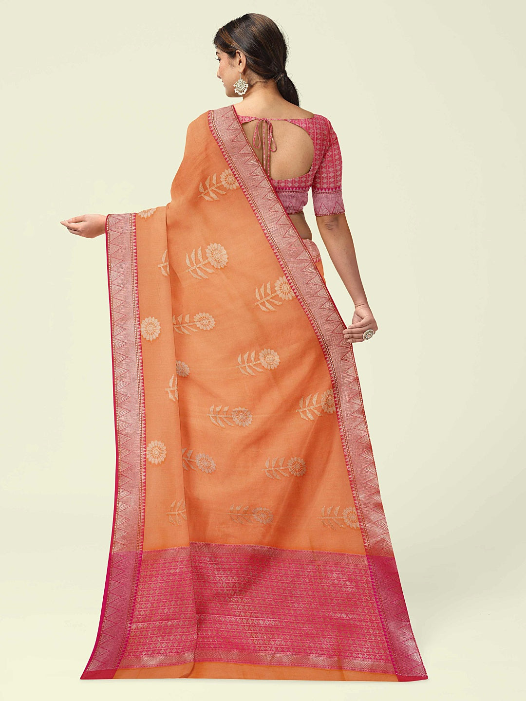 Faishana Presents Orange Woven Organza Pink Border With Pink Blouse Banarasi Saree