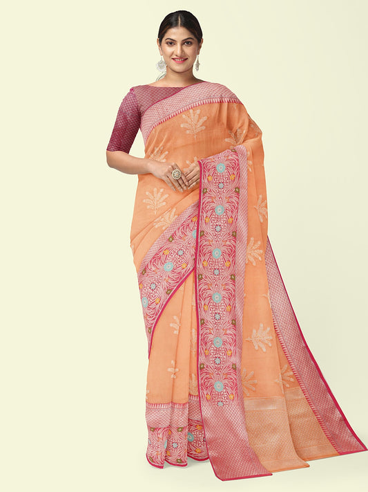Faishana Presents Orange Woven Organza Pink Border With Pink Blouse Banarasi Saree