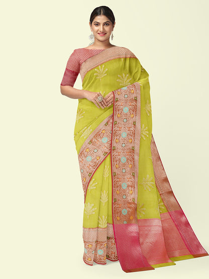 Green Cotton Blend Banarasi Sarees For Women GEHKR 5