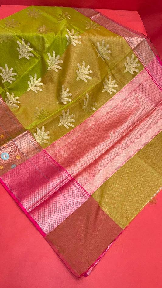 Green Cotton Blend Banarasi Sarees For Women GEHKR 5