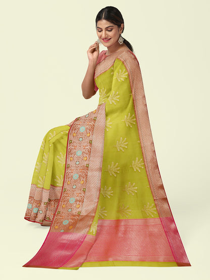 Green Cotton Blend Banarasi Sarees For Women GEHKR 5
