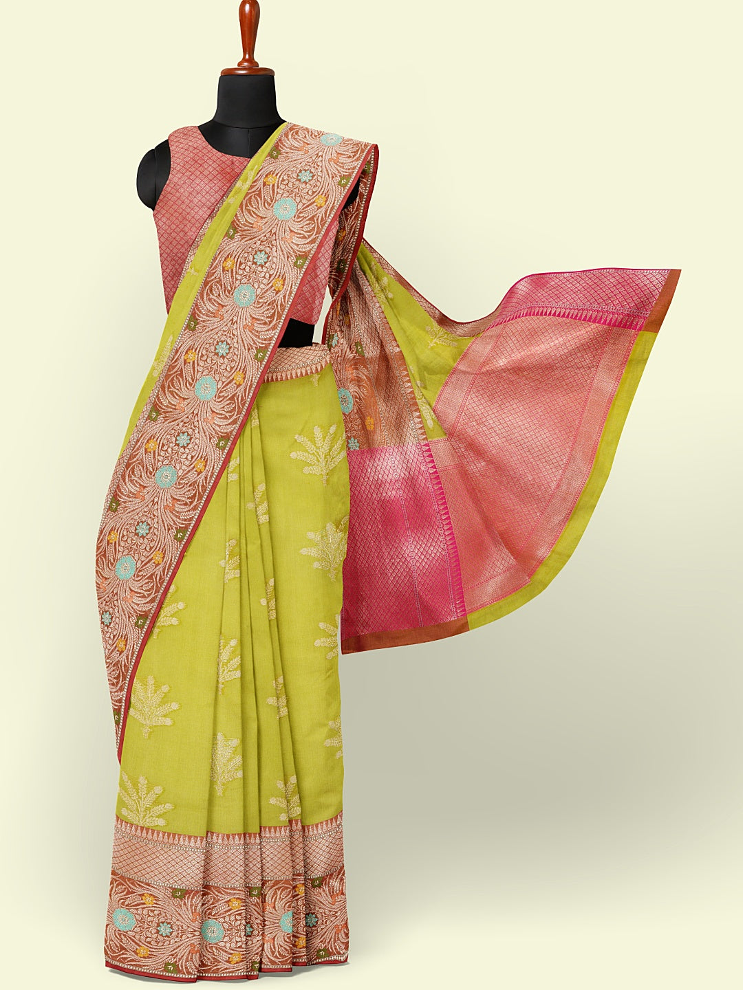 Green Cotton Blend Banarasi Sarees For Women GEHKR 5