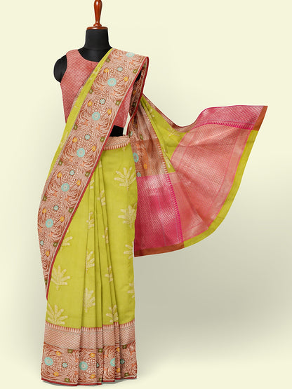Green Cotton Blend Banarasi Sarees For Women GEHKR 5