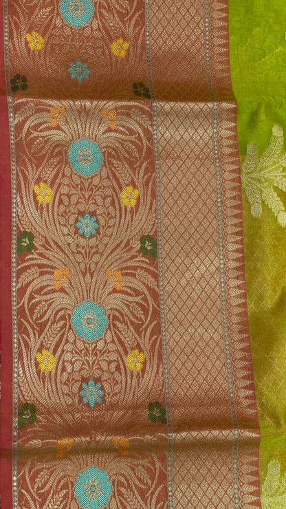 Green Cotton Blend Banarasi Sarees For Women GEHKR 5