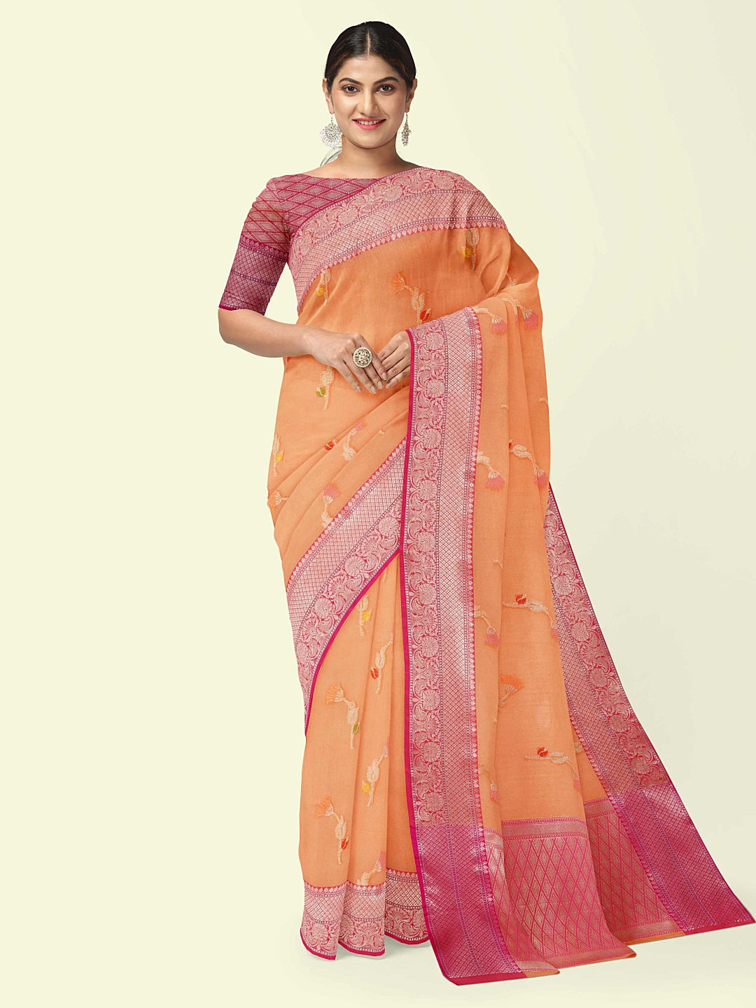 Faishana Presents Orange Woven Organza Pink Border With Pink Blouse Banarasi Saree