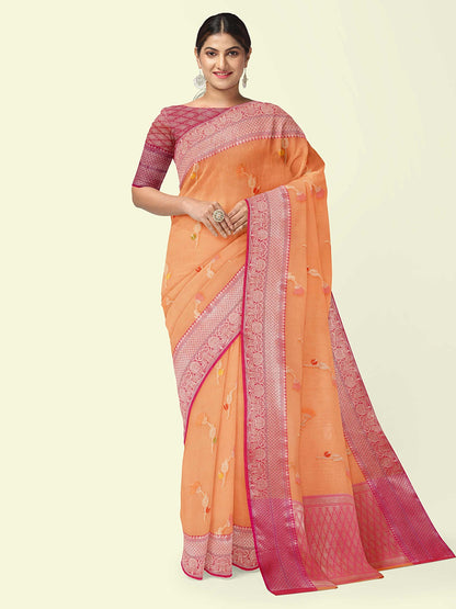 Faishana Presents Orange Woven Organza Pink Border With Pink Blouse Banarasi Saree