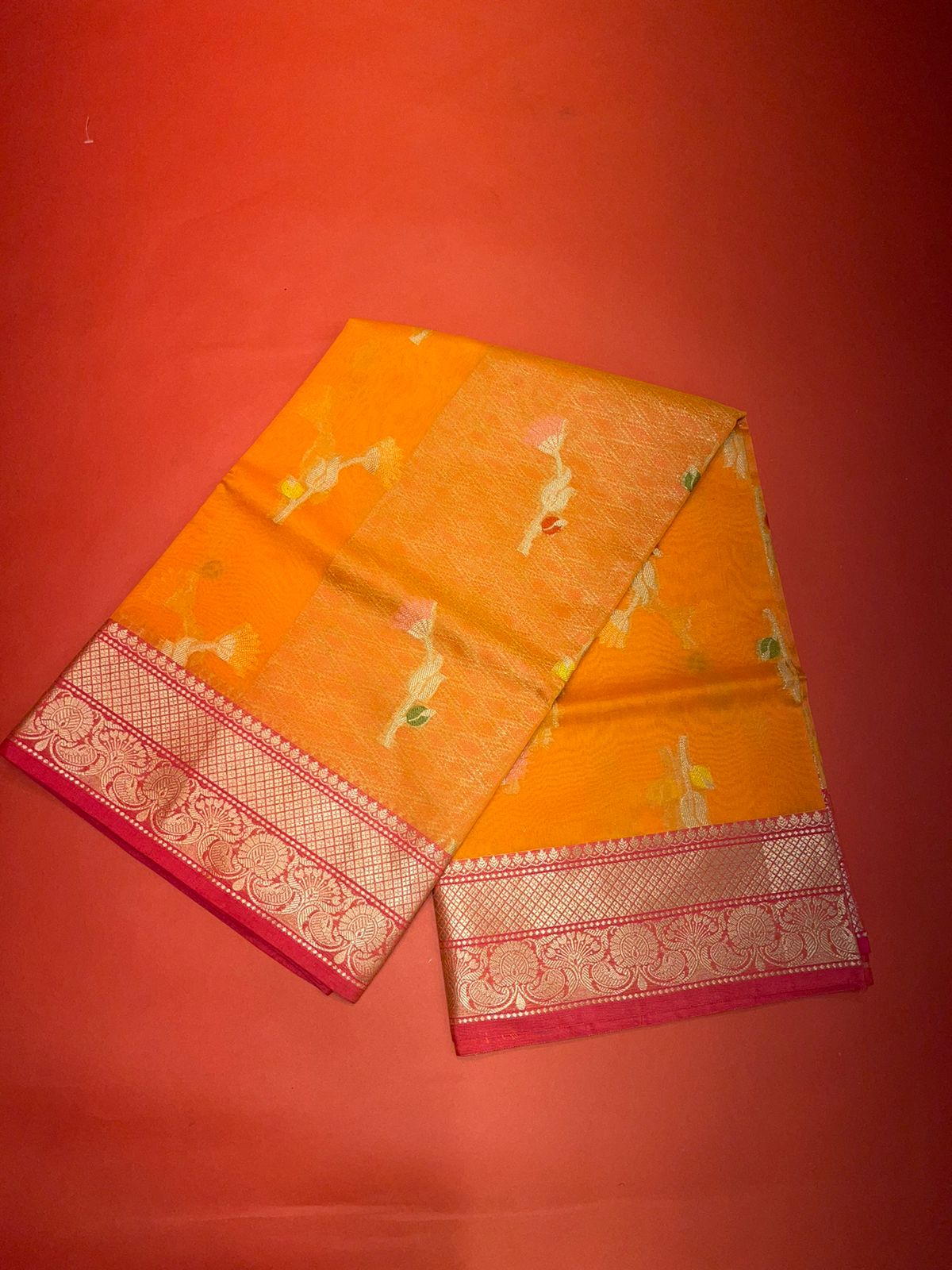 Faishana Presents Orange Woven Organza Pink Border With Pink Blouse Banarasi Saree