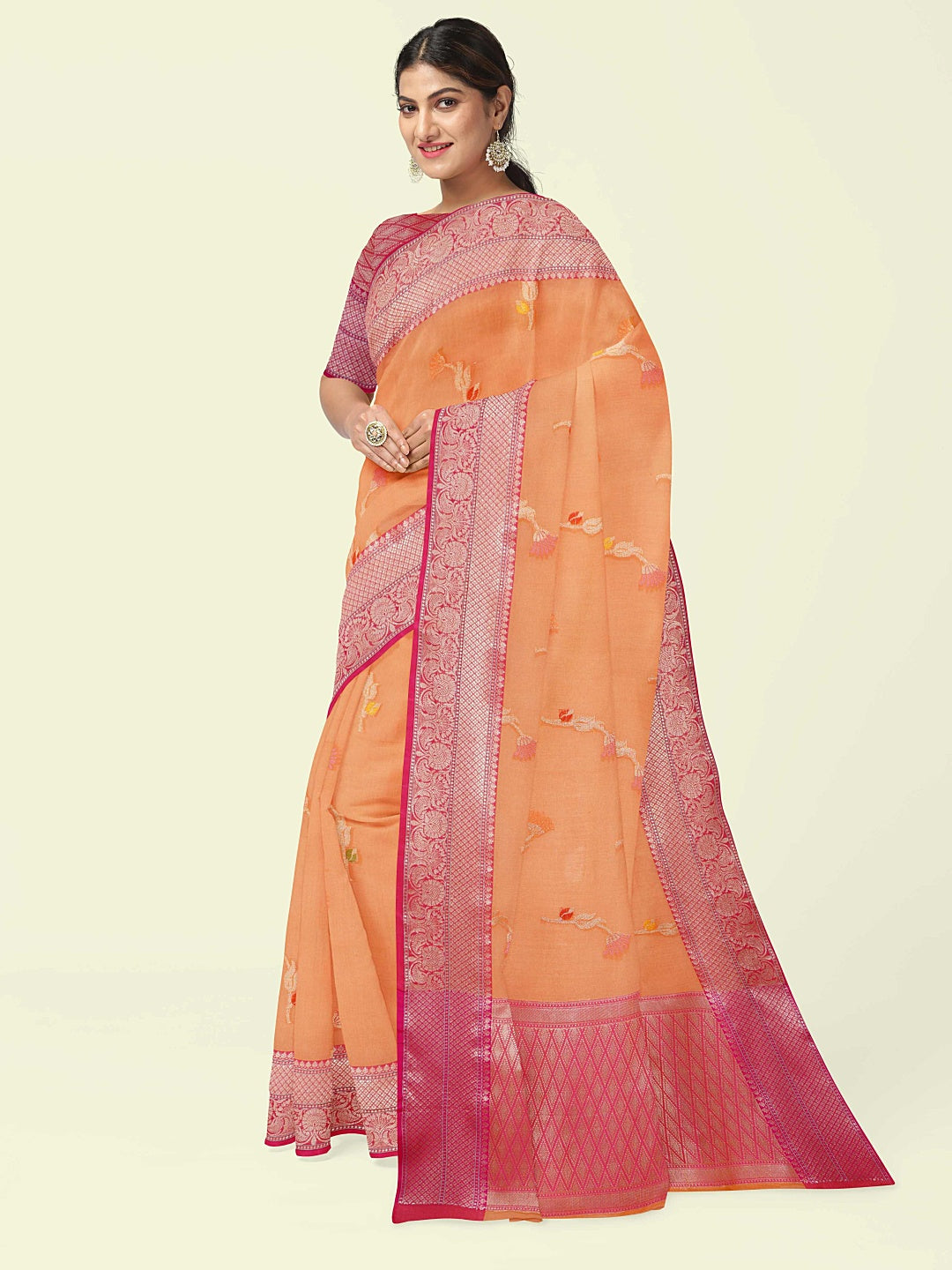 Orange Cotton Blend Banarasi Sarees For Women GEHKR 67