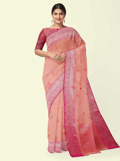 Faishana Presents Pink Woven Organza Pink Border With Pink Blouse Banarasi Saree