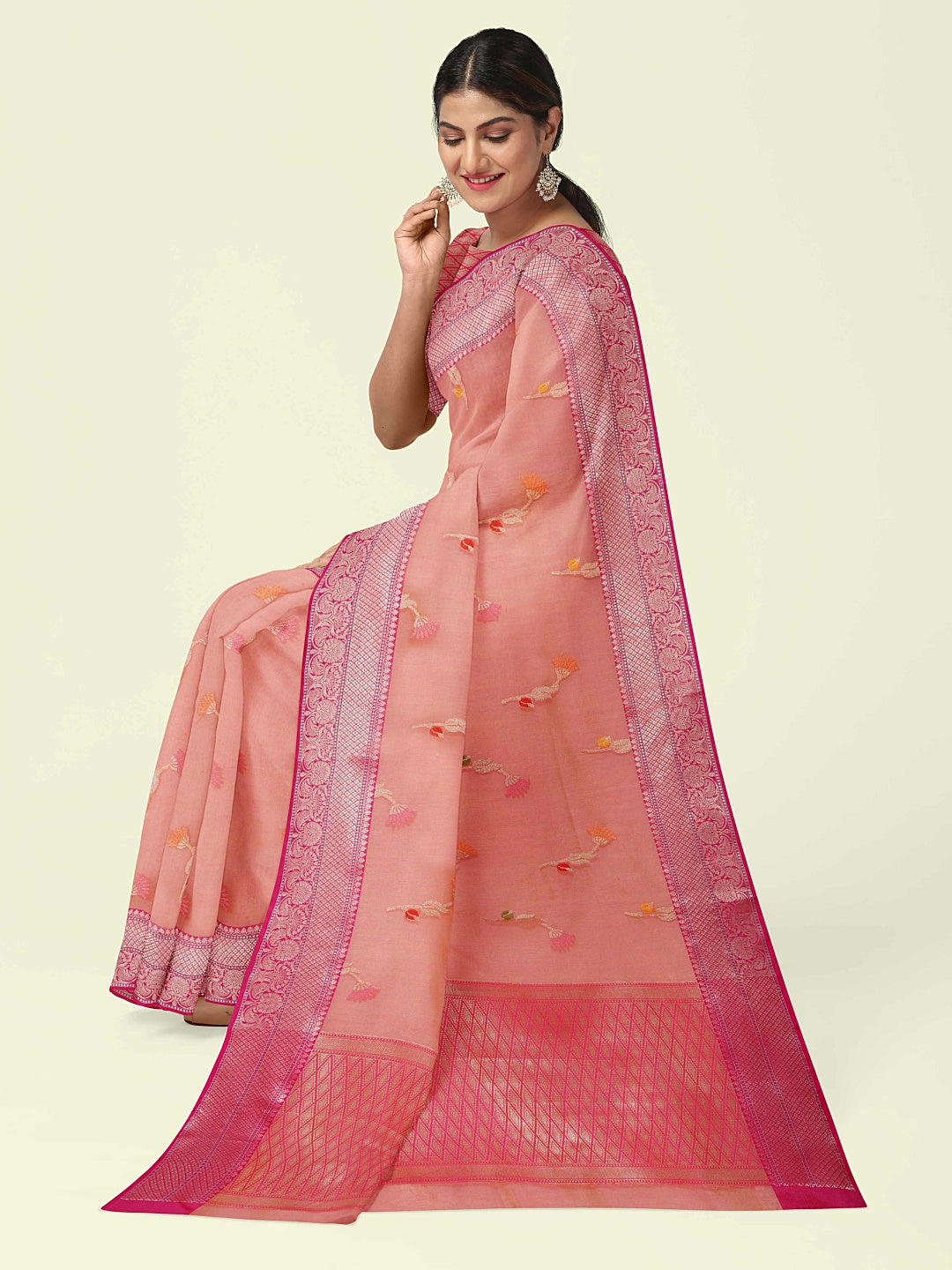 Faishana Presents Pink Woven Organza Pink Border With Pink Blouse Banarasi Saree