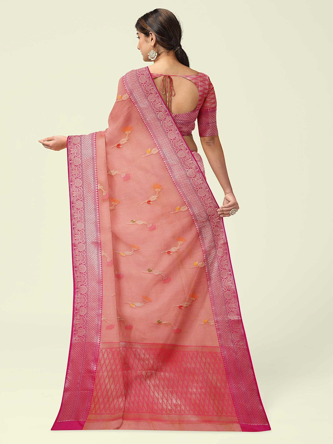 Faishana Presents Pink Woven Organza Pink Border With Pink Blouse Banarasi Saree