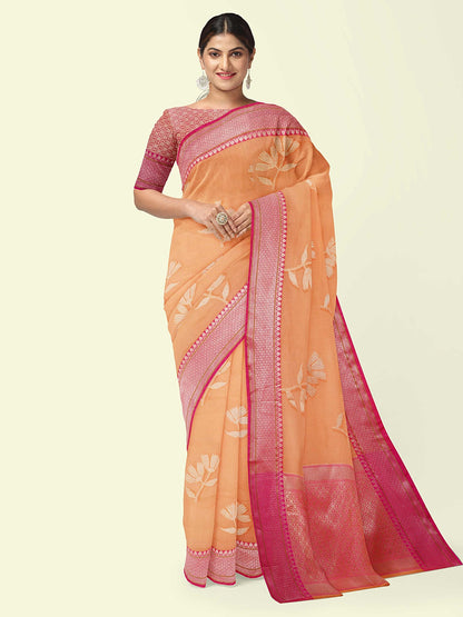 Faishana Presents Orange Woven Organza Pink Border With Pink Blouse Banarasi Saree
