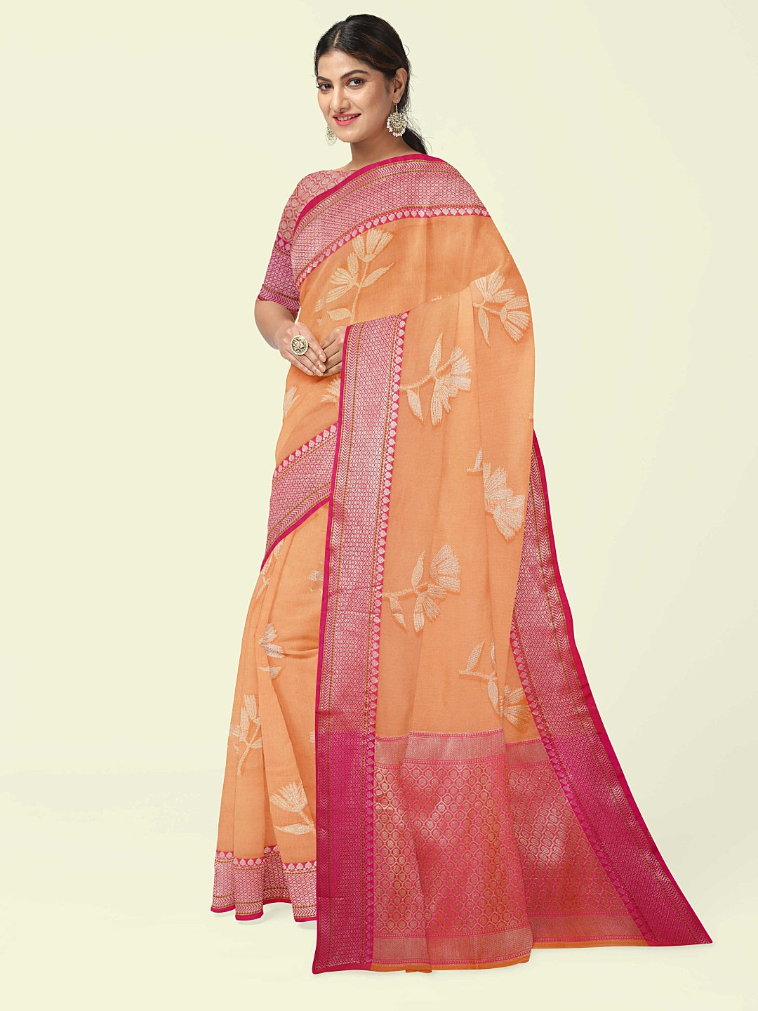 Faishana Presents Orange Woven Organza Pink Border With Pink Blouse Banarasi Saree