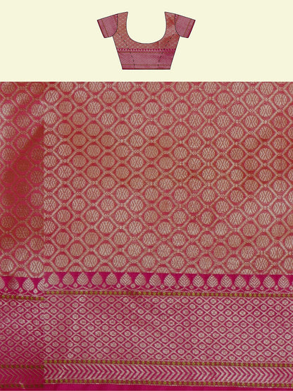Faishana Presents Orange Woven Organza Pink Border With Pink Blouse Banarasi Saree