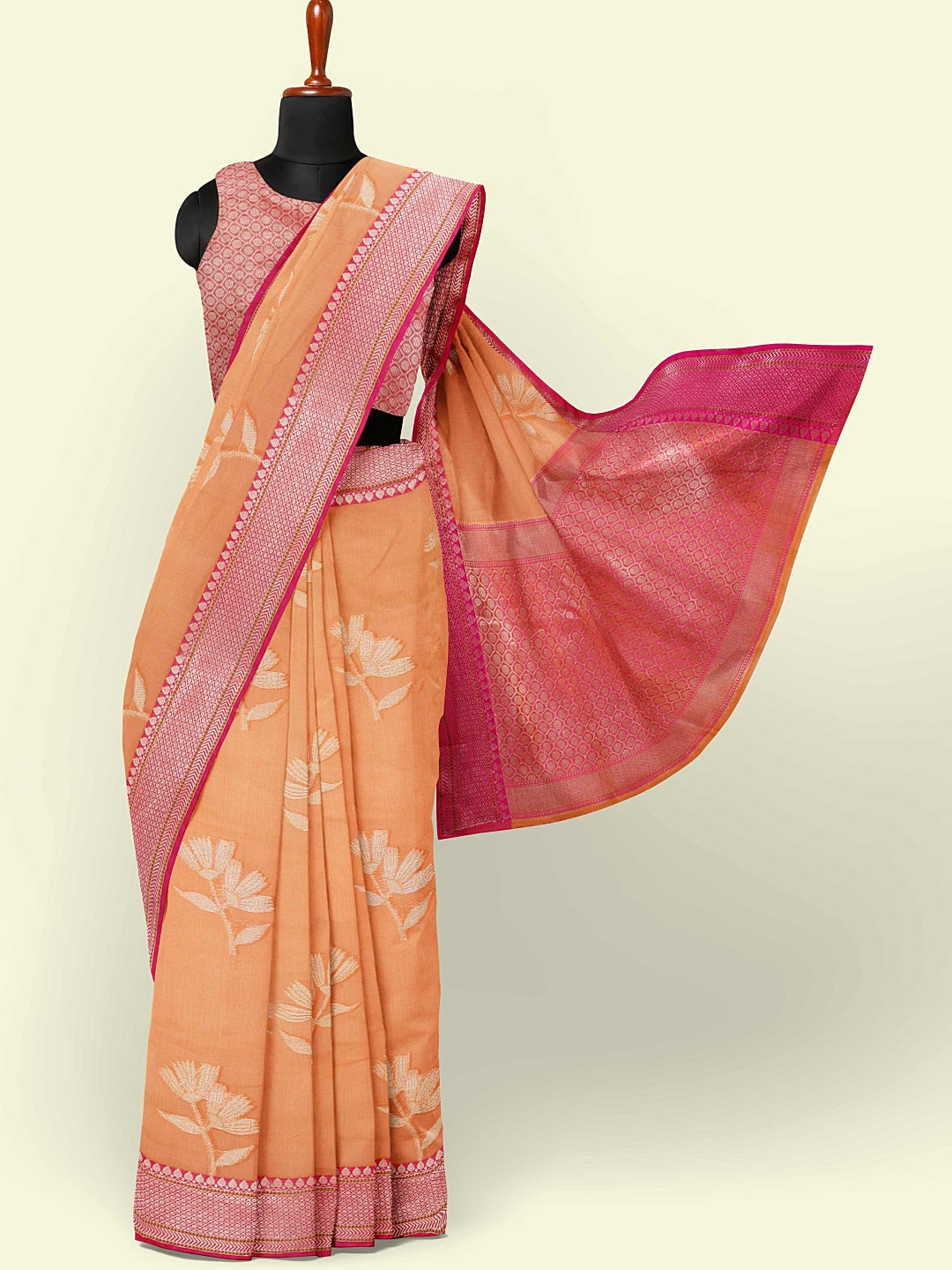 Faishana Presents Orange Woven Organza Pink Border With Pink Blouse Banarasi Saree