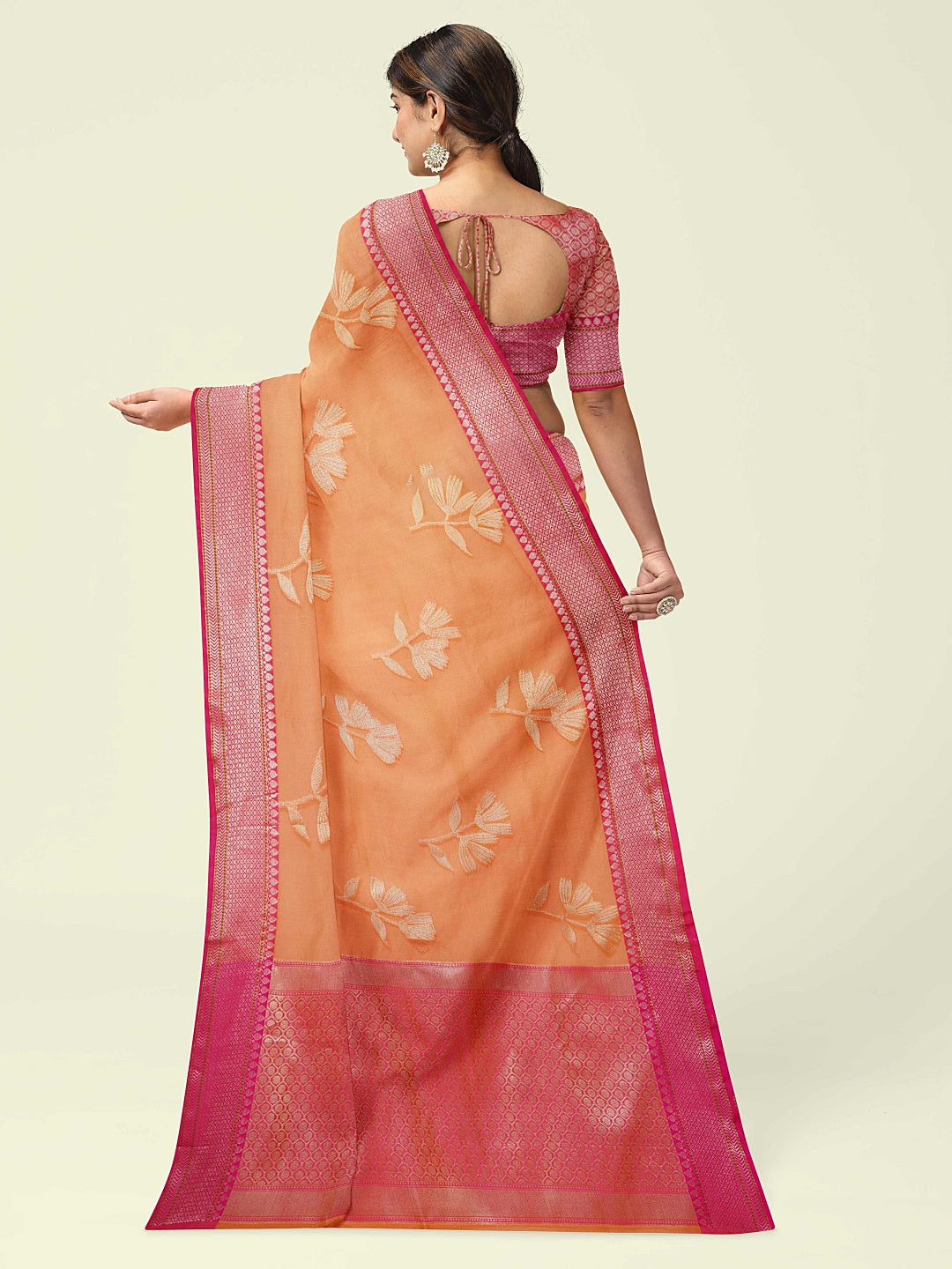 Faishana Presents Orange Woven Organza Pink Border With Pink Blouse Banarasi Saree
