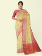 Faishana Presents Beige Woven Organza Yellow Border With Beige Blouse Banarasi Saree