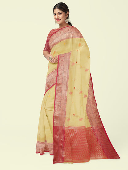 Faishana Presents Beige Woven Organza Yellow Border With Beige Blouse Banarasi Saree