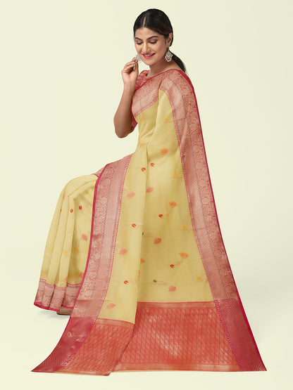 Faishana Presents Beige Woven Organza Yellow Border With Beige Blouse Banarasi Saree