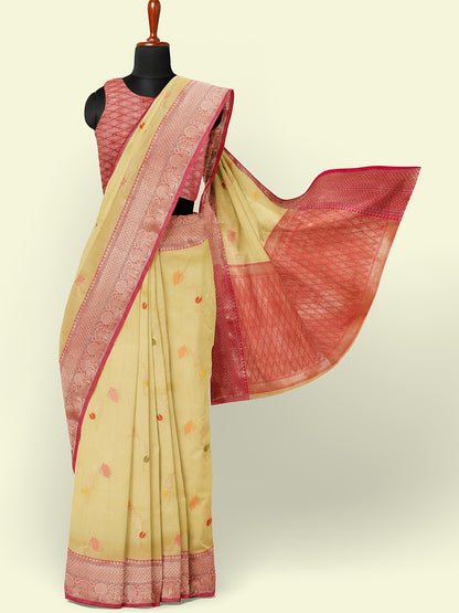 Faishana Presents Beige Woven Organza Yellow Border With Beige Blouse Banarasi Saree