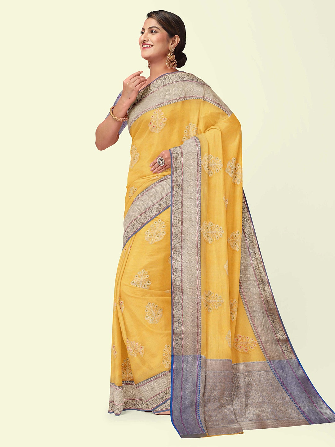 Faishana Presents Beige Woven Organza Blue Border With Blue Blouse Banarasi Saree