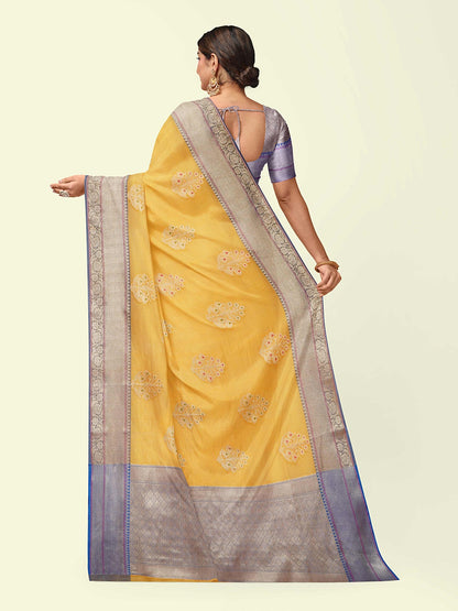 Yellow Cotton Blend Banarasi Sarees For Women GEHKR 73