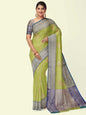 Faishana Presents Gold Woven Organza Blue Border With Blue Blouse Banarasi Saree