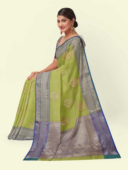 Green Cotton Blend Banarasi Sarees For Women GEHKR 75