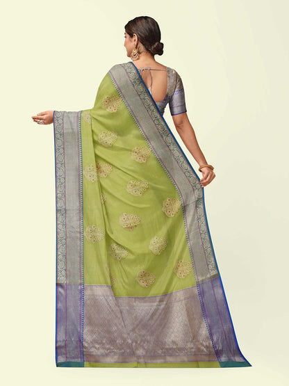 Faishana Presents Gold Woven Organza Blue Border With Blue Blouse Banarasi Saree