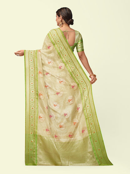 Beige Cotton Blend Banarasi Sarees For Women GEHKR 76