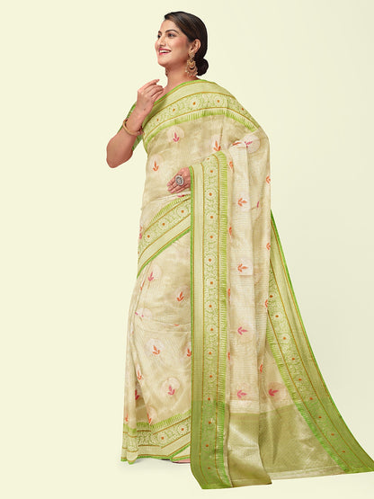 Faishana Presents Beige Woven Organza Green Border With Green Blouse Banarasi Saree