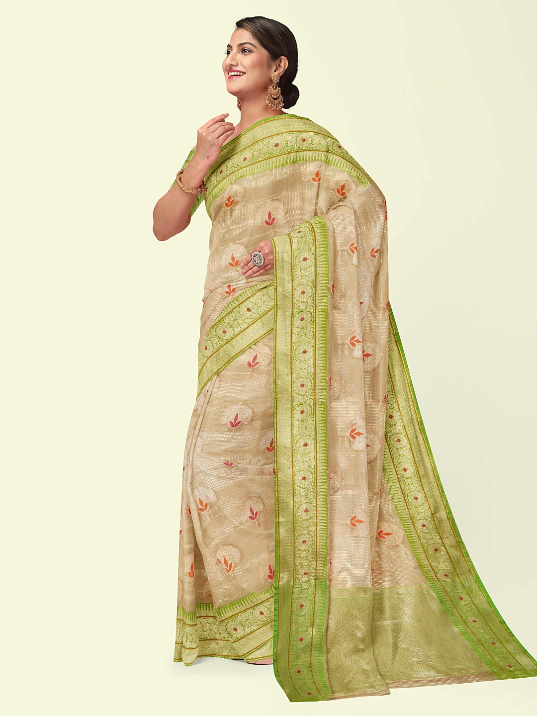 Faishana Presents Beige Woven Organza Green Border With Green Blouse Banarasi Saree