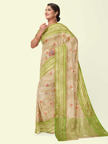 Faishana Presents Beige Woven Organza Green Border With Green Blouse Banarasi Saree