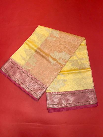 Faishana Presents Beige Woven Organza Pink Border With Pink Blouse Banarasi Saree