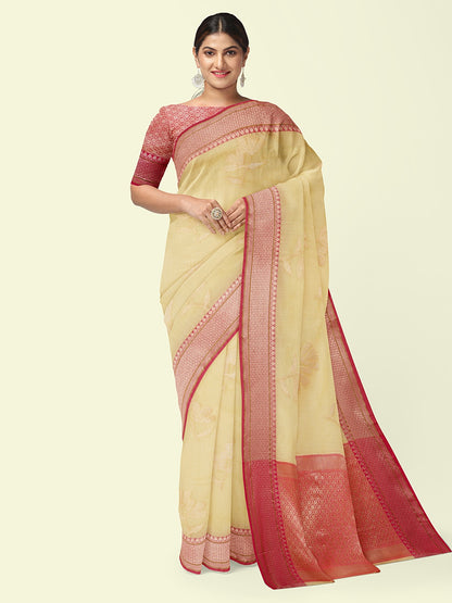 Beige Cotton Blend Banarasi Sarees For Women GEHKR 7