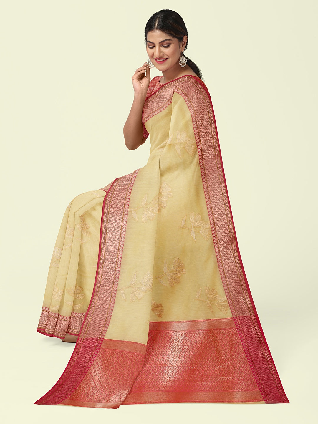 Beige Cotton Blend Banarasi Sarees For Women GEHKR 7