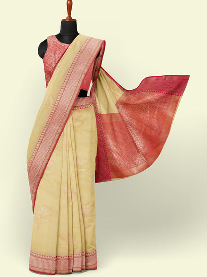 Beige Cotton Blend Banarasi Sarees For Women GEHKR 7