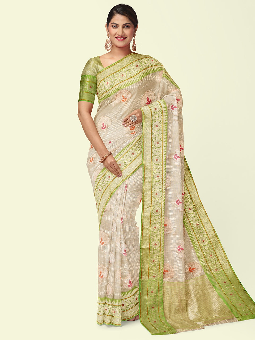 Faishana Presents Beige Woven Organza Green Border With Green Blouse Banarasi Saree