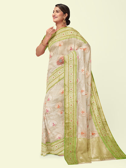Faishana Presents Beige Woven Organza Green Border With Green Blouse Banarasi Saree