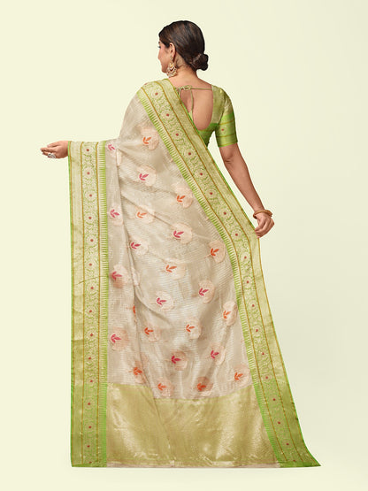 Faishana Presents Beige Woven Organza Green Border With Green Blouse Banarasi Saree