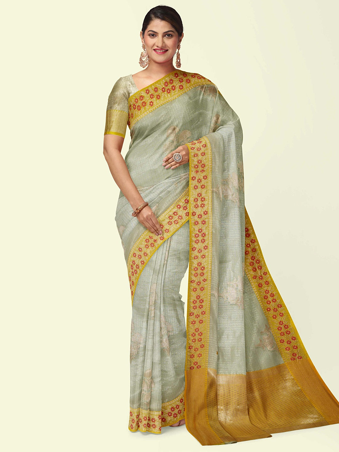 Faishana Presents Seagreen Woven Organza Yellow Border With Beige Blouse Banarasi Saree