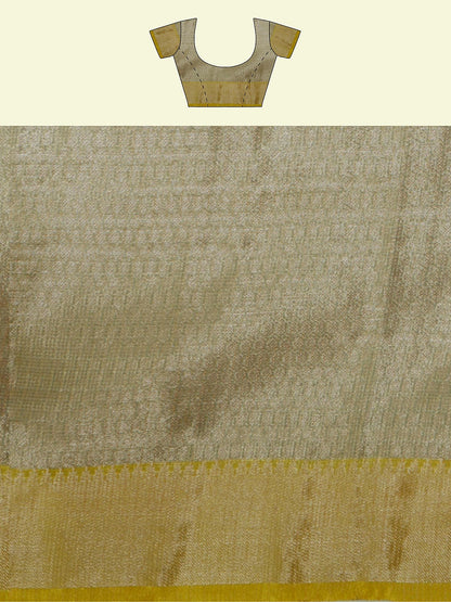 Faishana Presents Seagreen Woven Organza Yellow Border With Beige Blouse Banarasi Saree