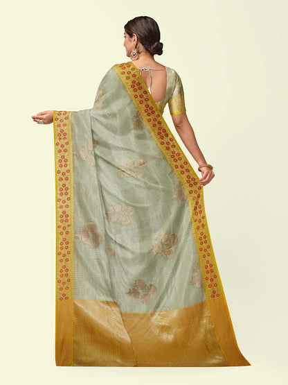 Faishana Presents Seagreen Woven Organza Yellow Border With Beige Blouse Banarasi Saree