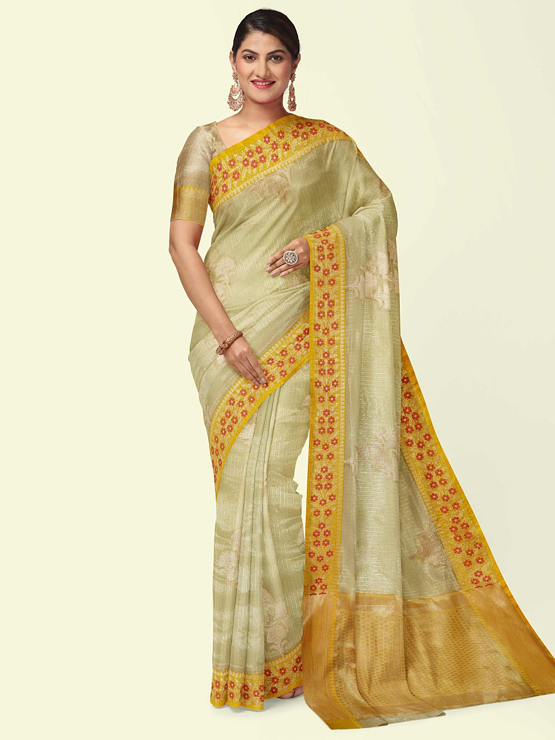 Faishana Presents Beige Woven Organza Yellow Border With Beige Blouse Banarasi Saree