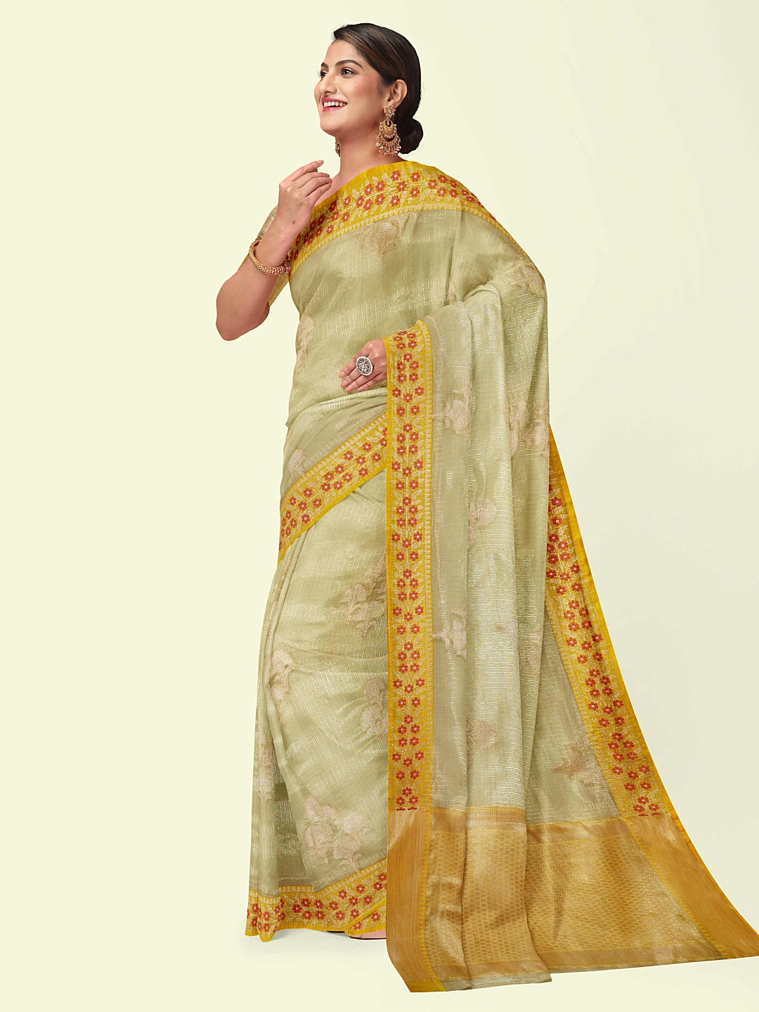 Faishana Presents Beige Woven Organza Yellow Border With Beige Blouse Banarasi Saree
