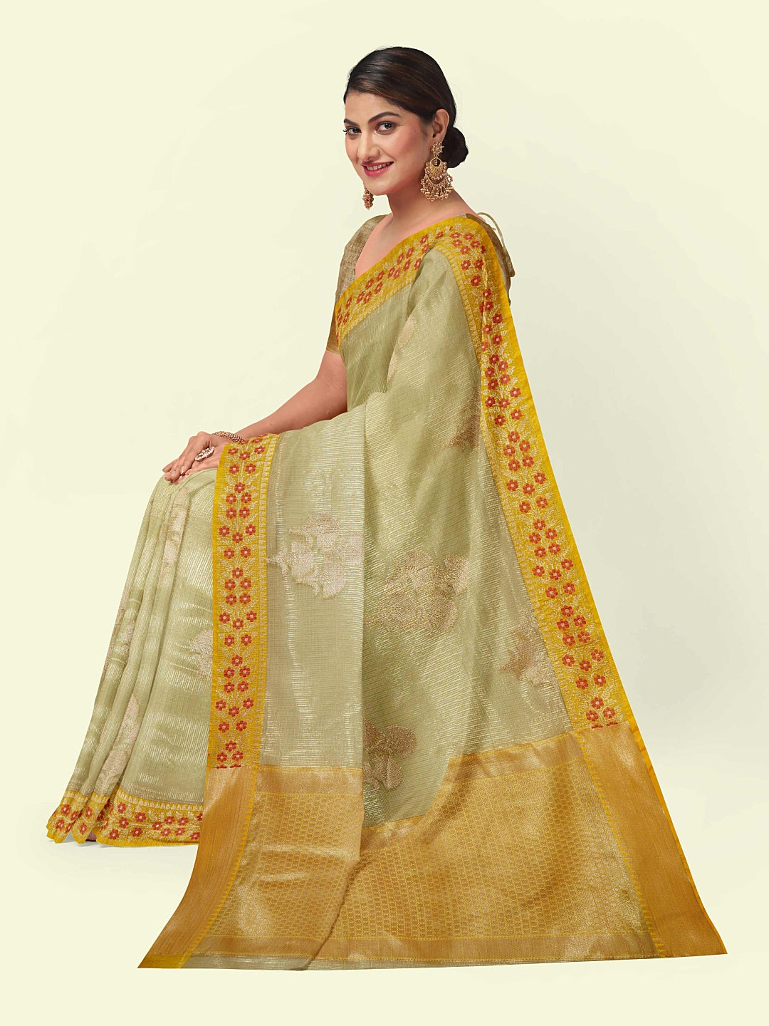 Faishana Presents Beige Woven Organza Yellow Border With Beige Blouse Banarasi Saree