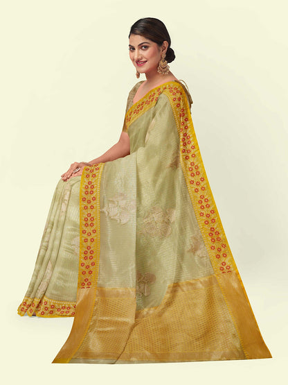 Faishana Presents Beige Woven Organza Yellow Border With Beige Blouse Banarasi Saree