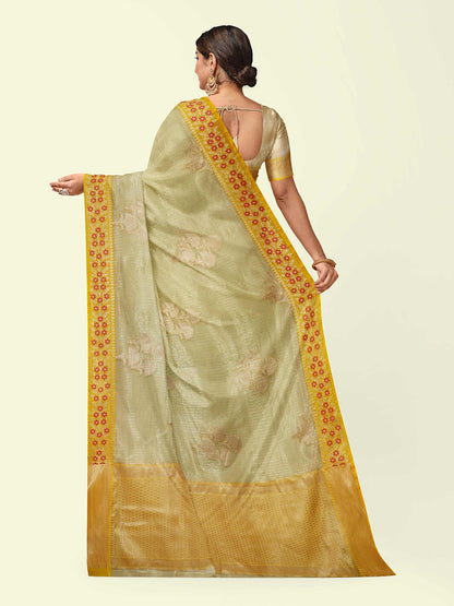 Faishana Presents Beige Woven Organza Yellow Border With Beige Blouse Banarasi Saree