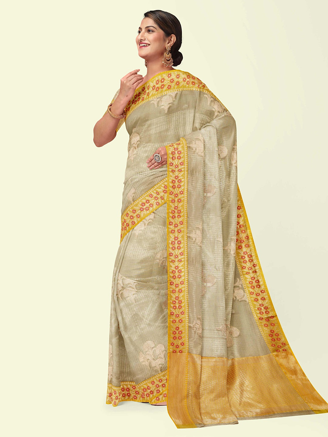 Faishana Presents Beige Woven Organza Yellow Border With Beige Blouse Banarasi Saree